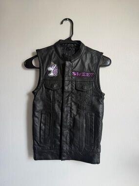 Girls' Black Faux Leather Vest with Purple 'Sweet' Patch